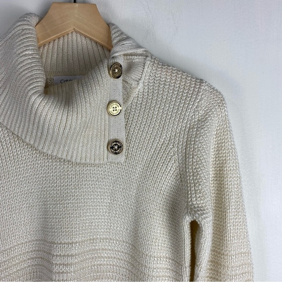 Calvin Klein Shimmer Glitter Gold Ribbed Knit Mock Neck Pullover Sweater Small - Picture 3 of 6